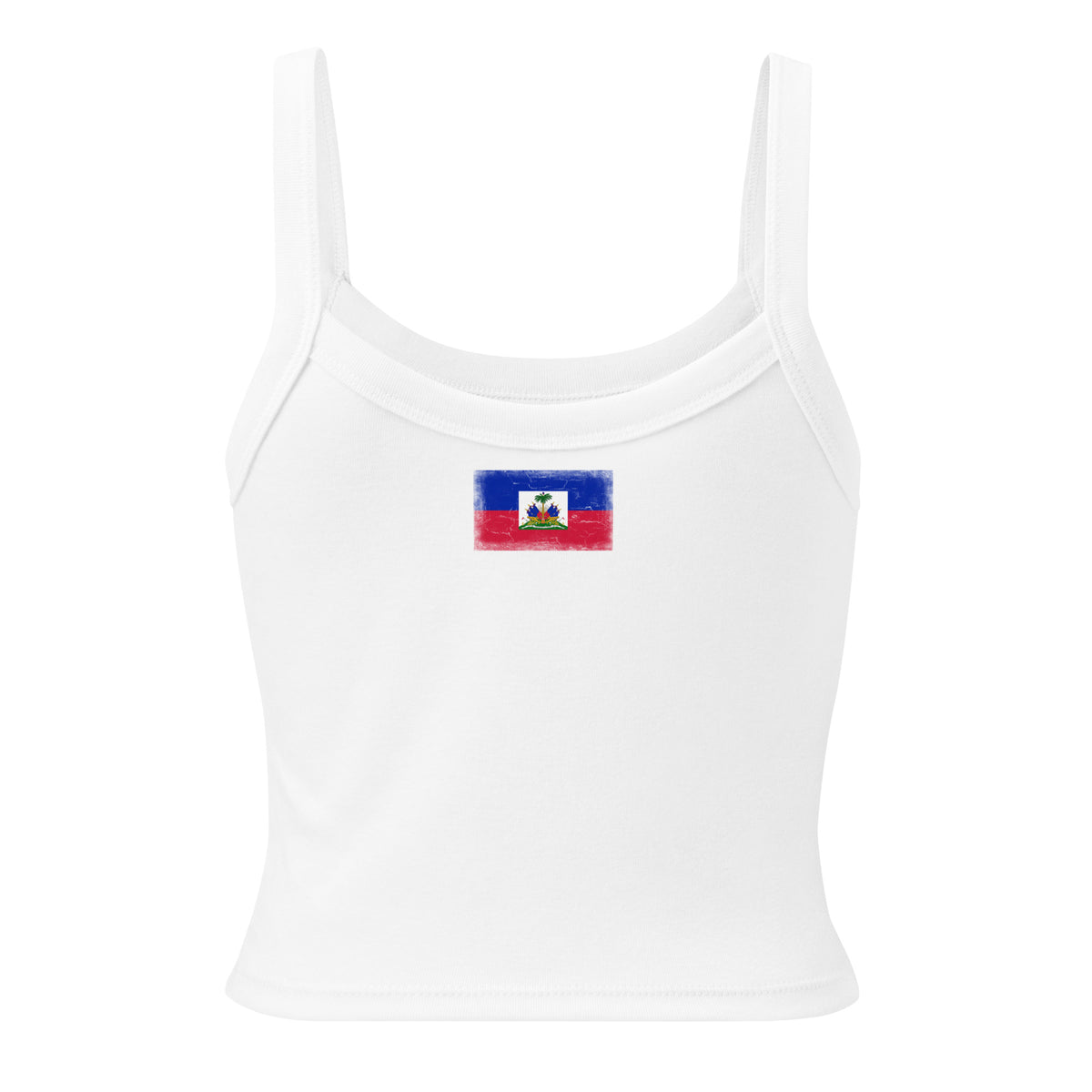 Haiti flag rib tank top in Solid White Blend, vintage-washed print, flag across the upper back, women cut, back view