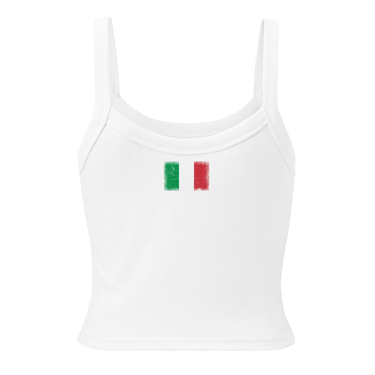 Italy flag rib tank top in Solid White Blend, vintage-washed print, flag across the upper back, women cut, back view