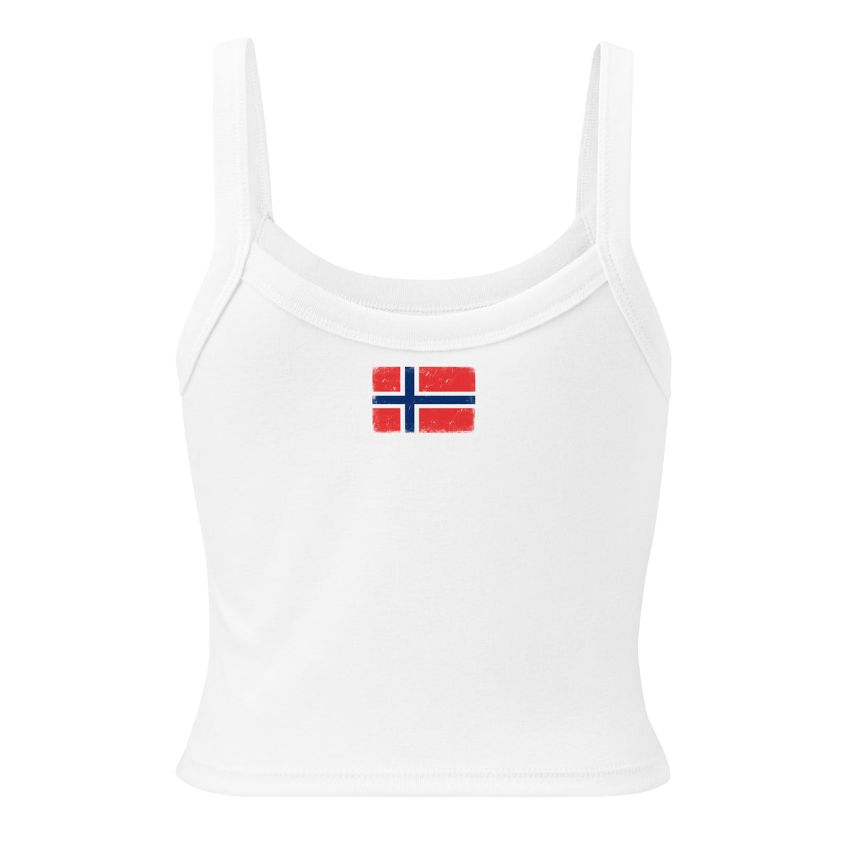 Norway flag rib tank top in Solid White Blend, vintage-washed print, flag across the upper back, women cut, back view