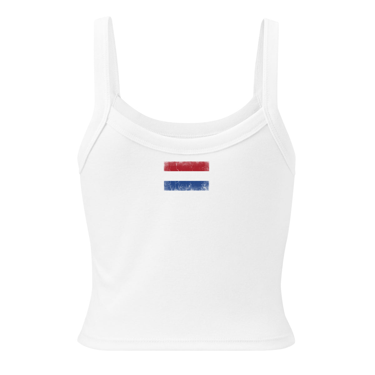 Netherlands flag rib tank top in Solid White Blend, vintage-washed print, flag across the upper back, women cut, back view