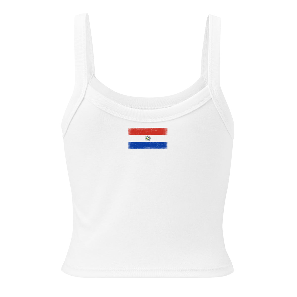 Paraguay flag rib tank top in Solid White Blend, vintage-washed print, flag across the upper back, women cut, back view