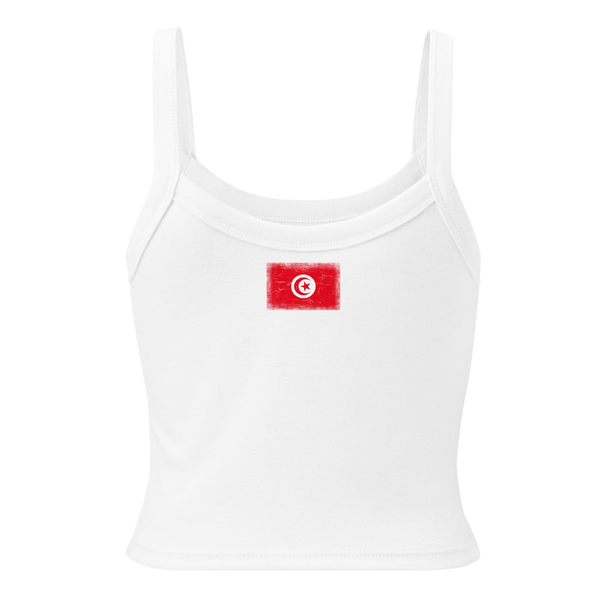 Tunisia flag rib tank top in Solid White Blend, vintage-washed print, flag across the upper back, women cut, back view