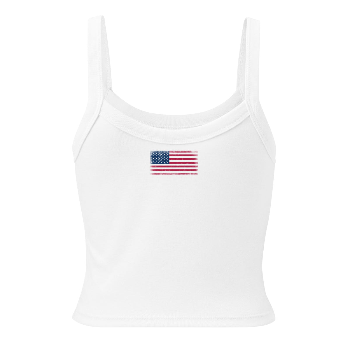 USA flag rib tank top in Solid White Blend, vintage-washed print, flag across the upper back, women cut, back view