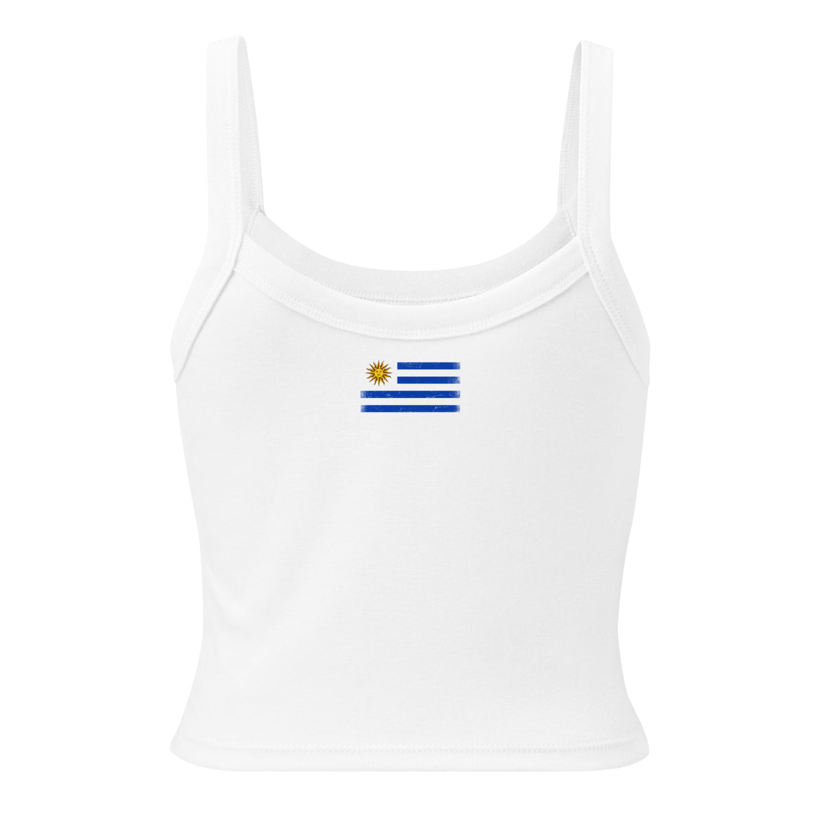 Uruguay flag rib tank top in Solid White Blend, vintage-washed print, flag across the upper back, women cut, back view
