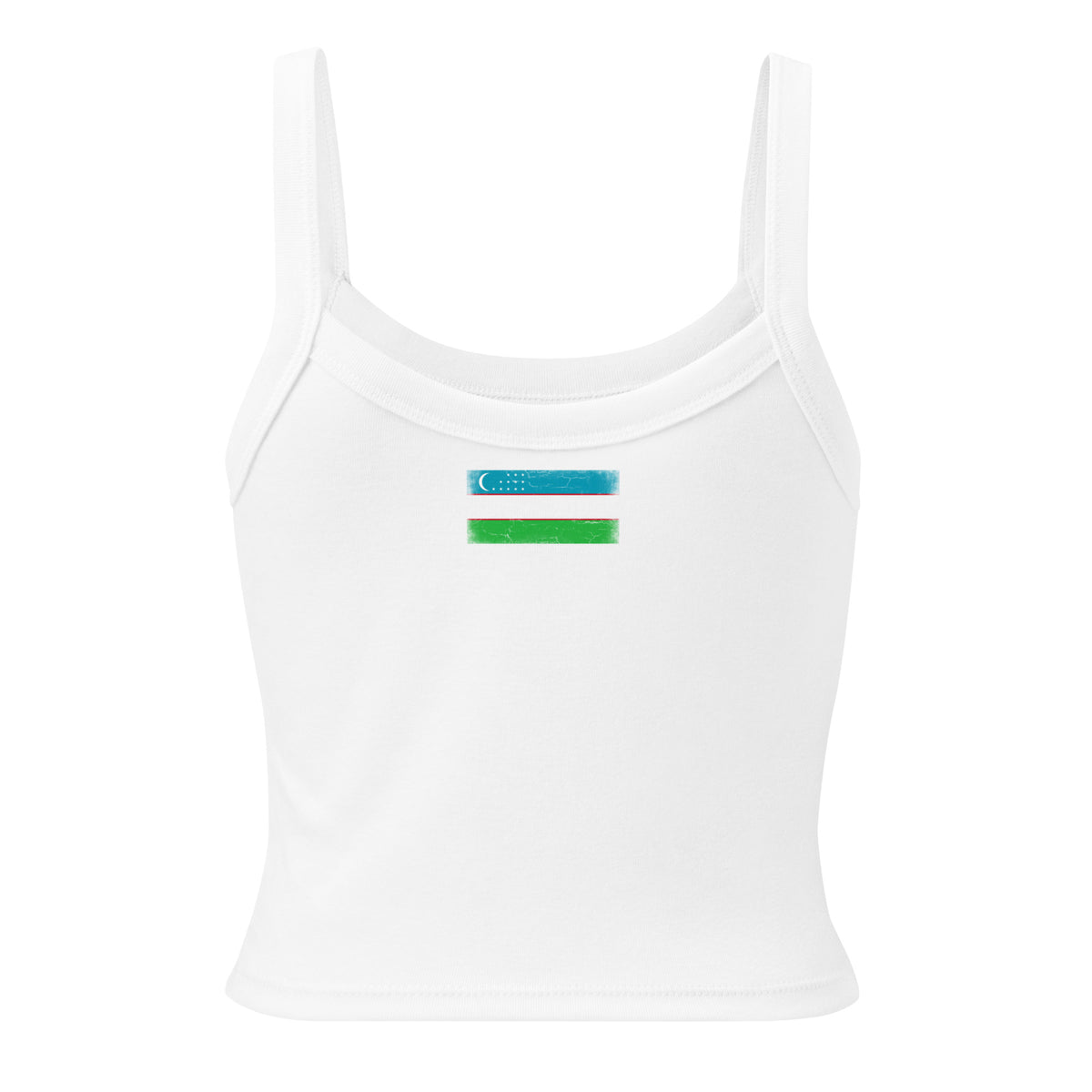 Uzbekistan flag rib tank top in Solid White Blend, vintage-washed print, flag across the upper back, women cut, back view
