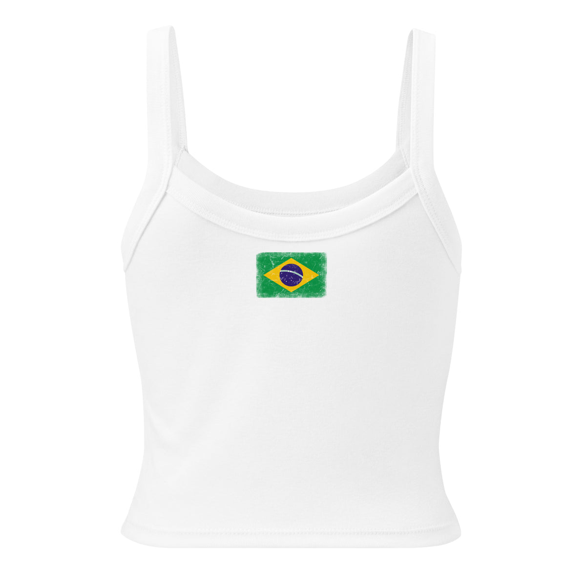 Brasil flag rib tank top in Solid White Blend, vintage-washed print, flag across the upper back, women cut, back view