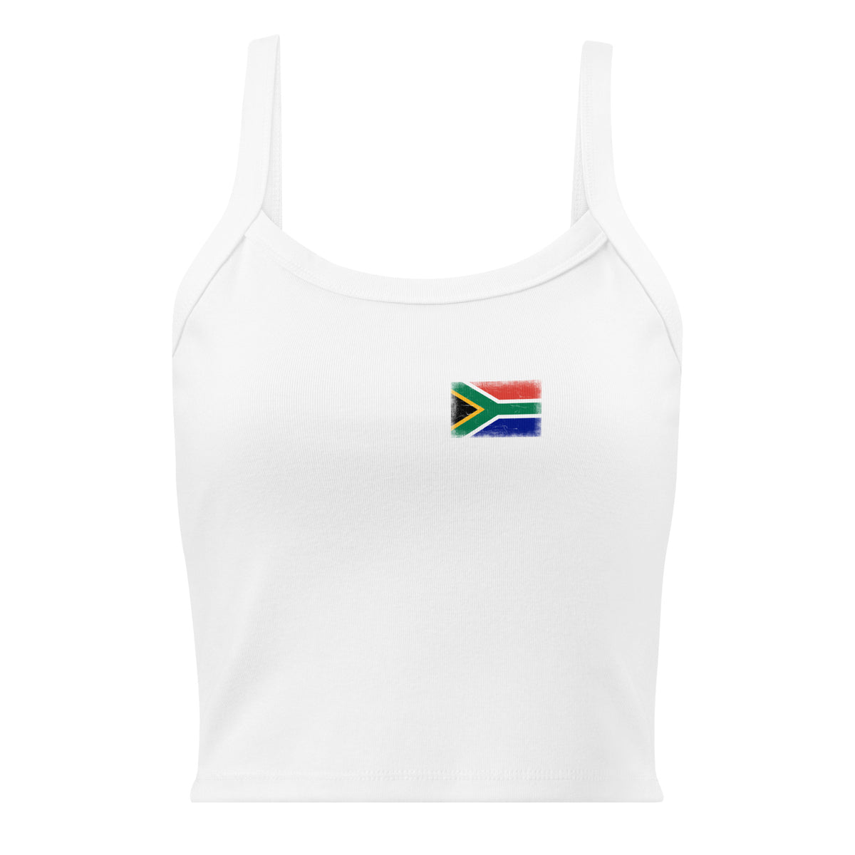South Africa flag rib tank top in Solid White Blend, vintage-washed print, small flag on the left chest, women cut, front view