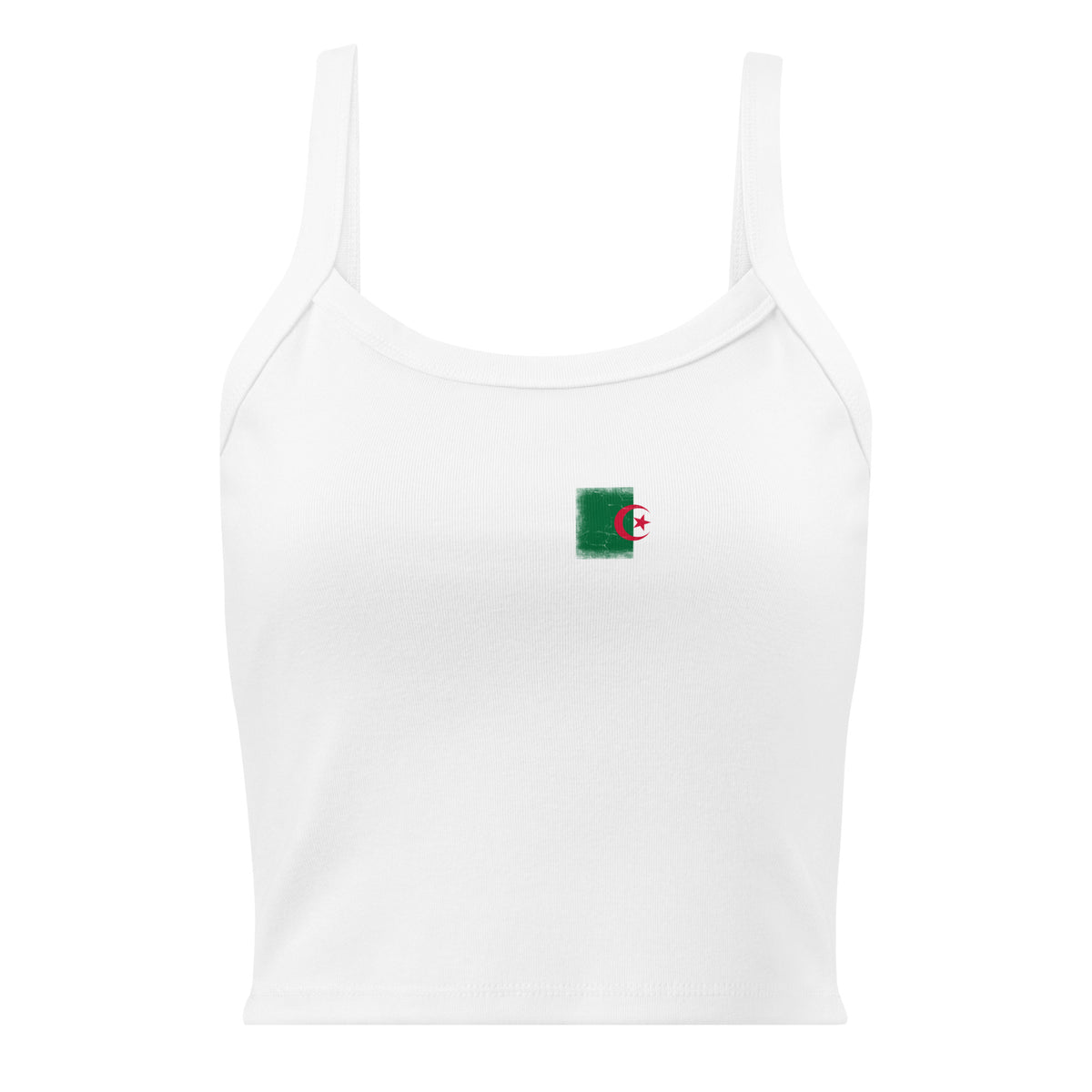 Algeria flag rib tank top in Solid White Blend, vintage-washed print, small flag on the left chest, women cut, front view