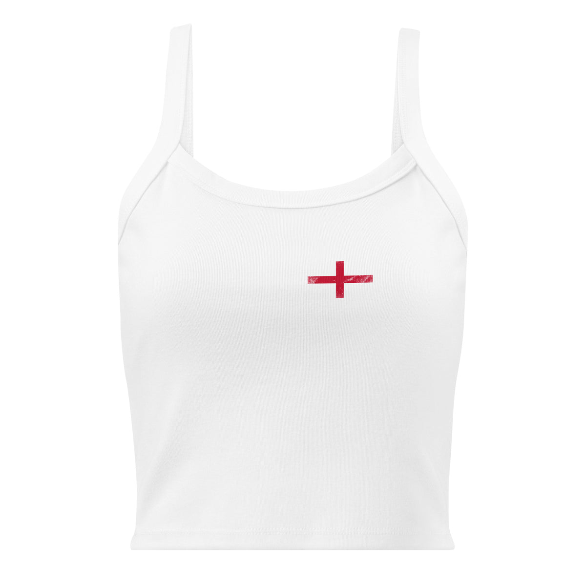 England flag rib tank top in Solid White Blend, vintage-washed print, small flag on the left chest, women cut, front view