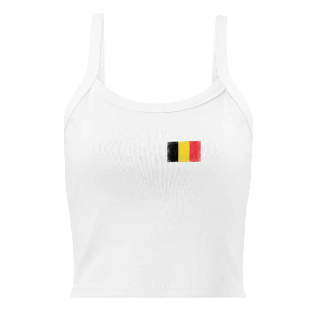 Belgium flag rib tank top in Solid White Blend, vintage-washed print, small flag on the left chest, women cut, front view