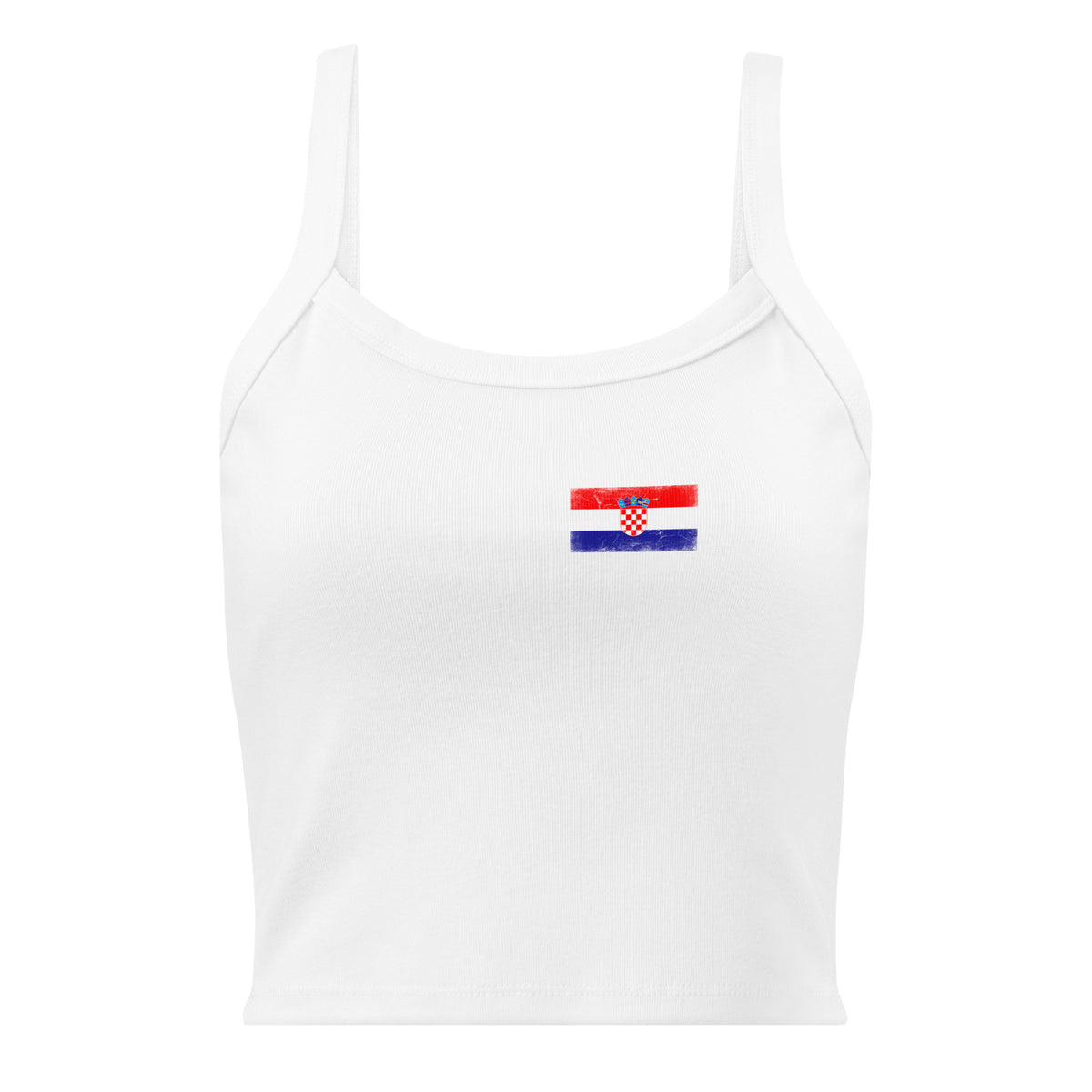Croatia flag rib tank top in Solid White Blend, vintage-washed print, small flag on the left chest, women cut, front view