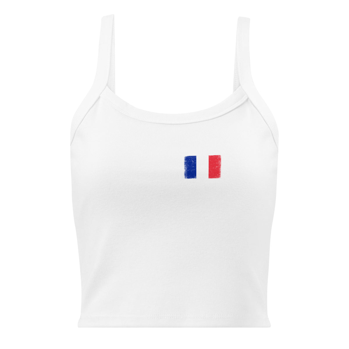 France flag rib tank top in Solid White Blend, vintage-washed print, small flag on the left chest, women cut, front view