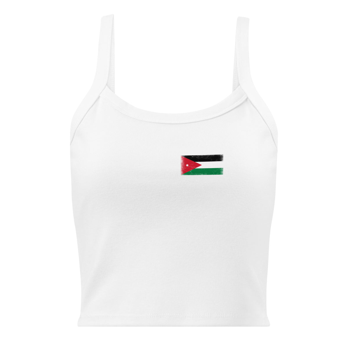 Jordan flag rib tank top in Solid White Blend, vintage-washed print, small flag on the left chest, women cut, front view