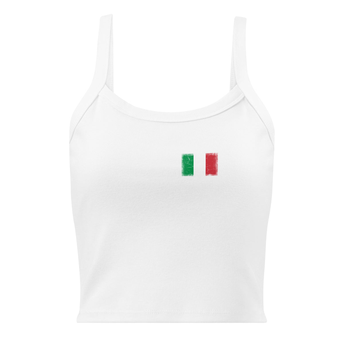 Italy flag rib tank top in Solid White Blend, vintage-washed print, small flag on the left chest, women cut, front view