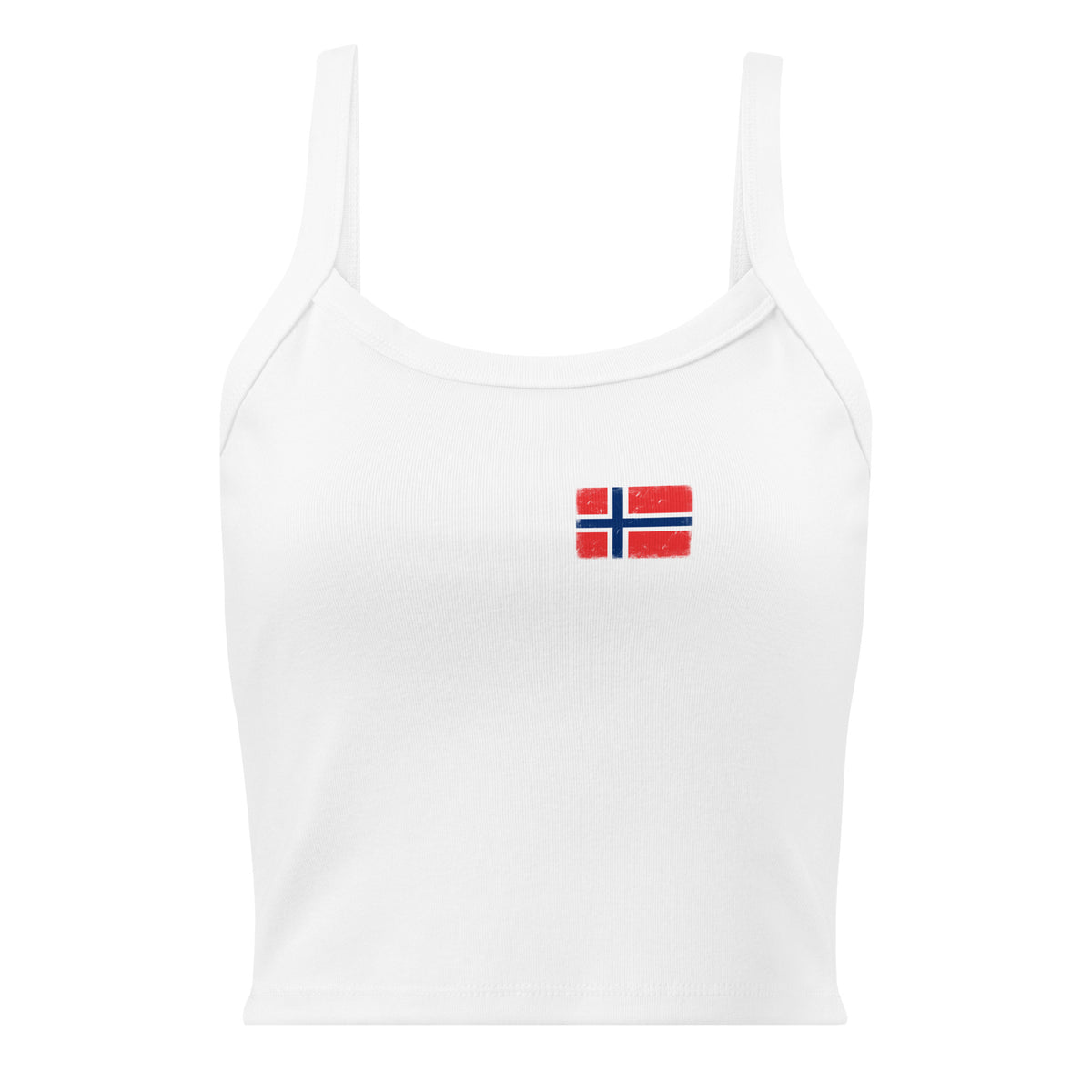 Norway flag rib tank top in Solid White Blend, vintage-washed print, small flag on the left chest, women cut, front view