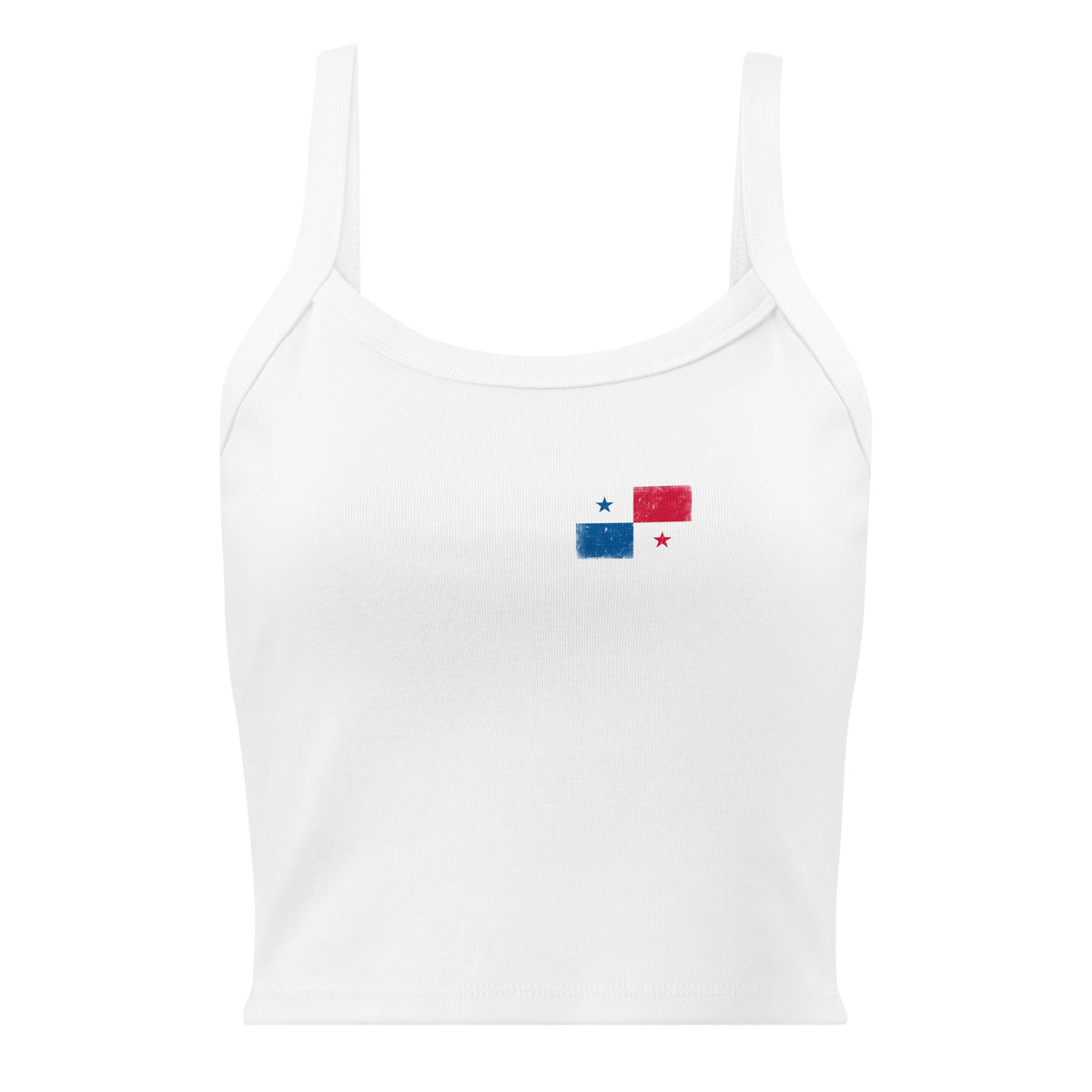 Panama flag rib tank top in Solid White Blend, vintage-washed print, small flag on the left chest, women cut, front view