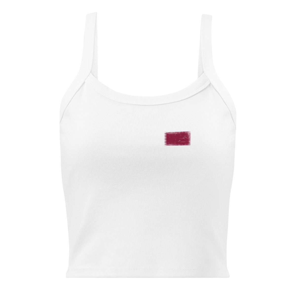 Qatar flag rib tank top in Solid White Blend, vintage-washed print, small flag on the left chest, women cut, front view