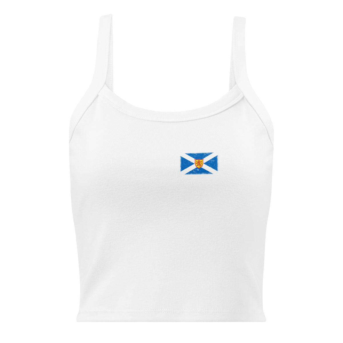 Scotland flag rib tank top in Solid White Blend, vintage-washed print, small flag on the left chest, women cut, front view
