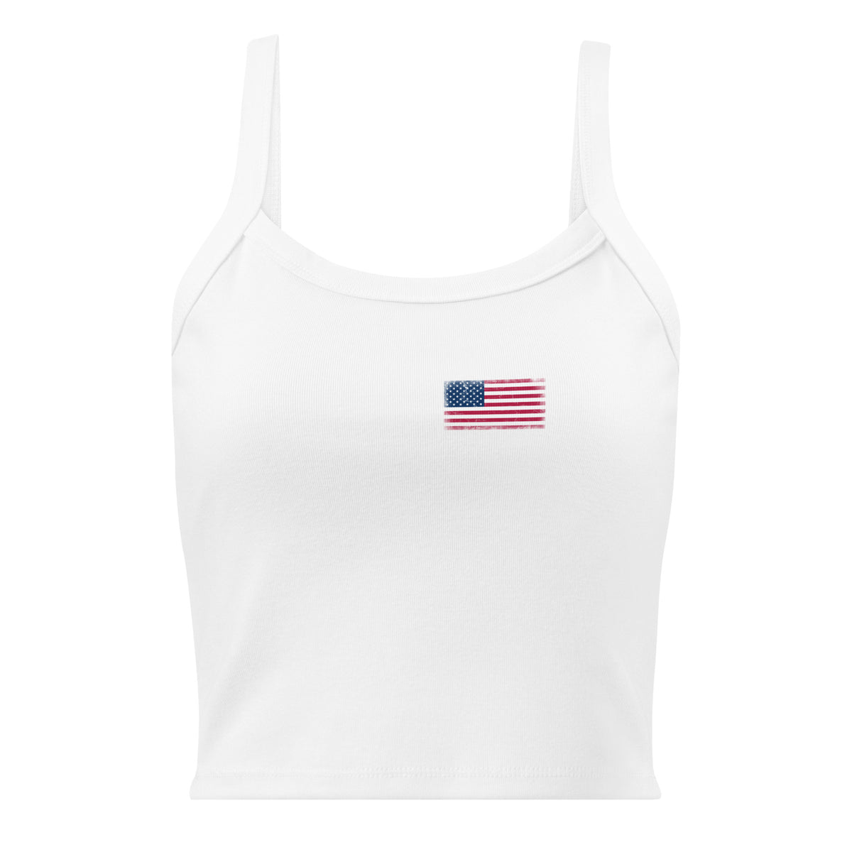 USA flag rib tank top in Solid White Blend, vintage-washed print, small flag on the left chest, women cut, front view