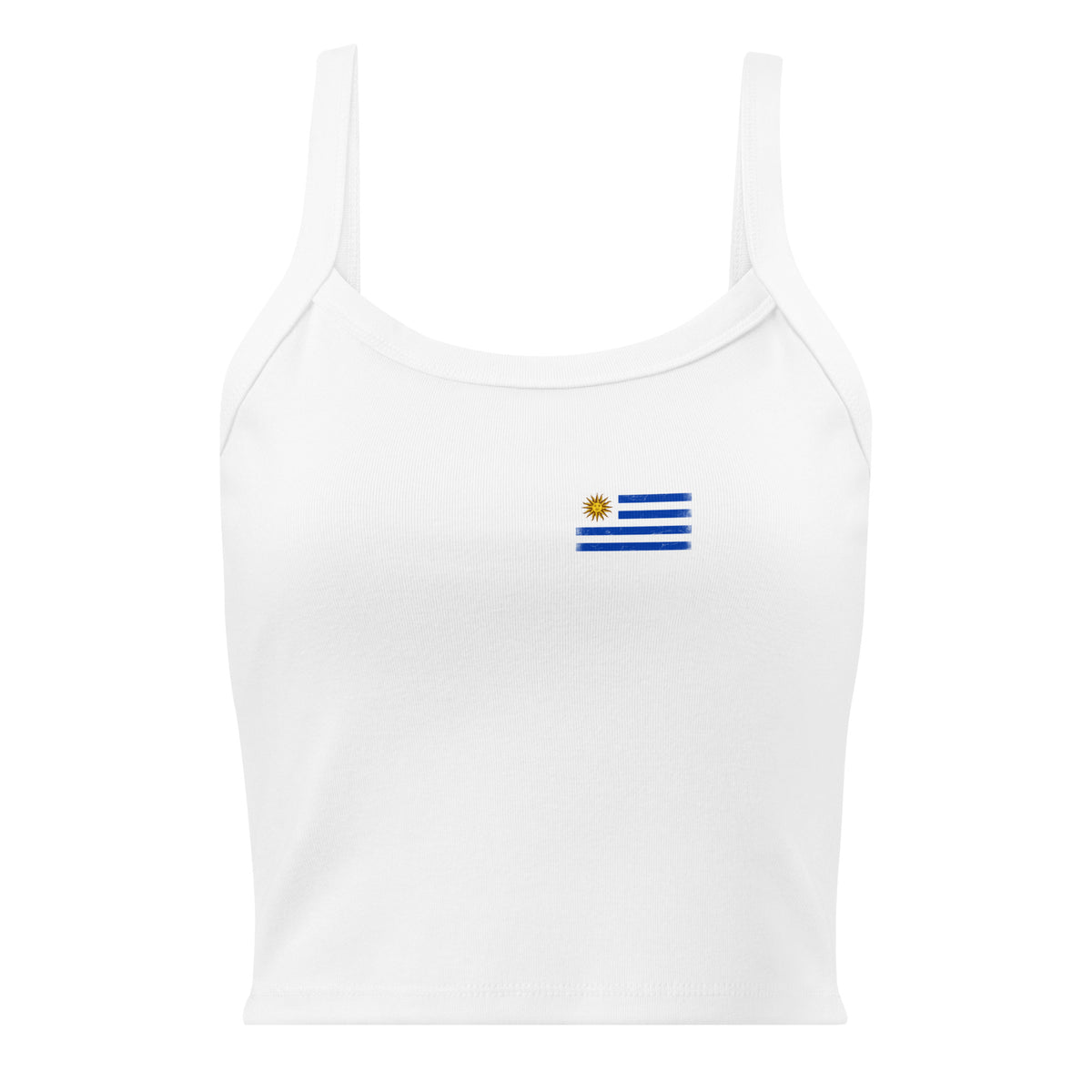 Uruguay flag rib tank top in Solid White Blend, vintage-washed print, small flag on the left chest, women cut, front view