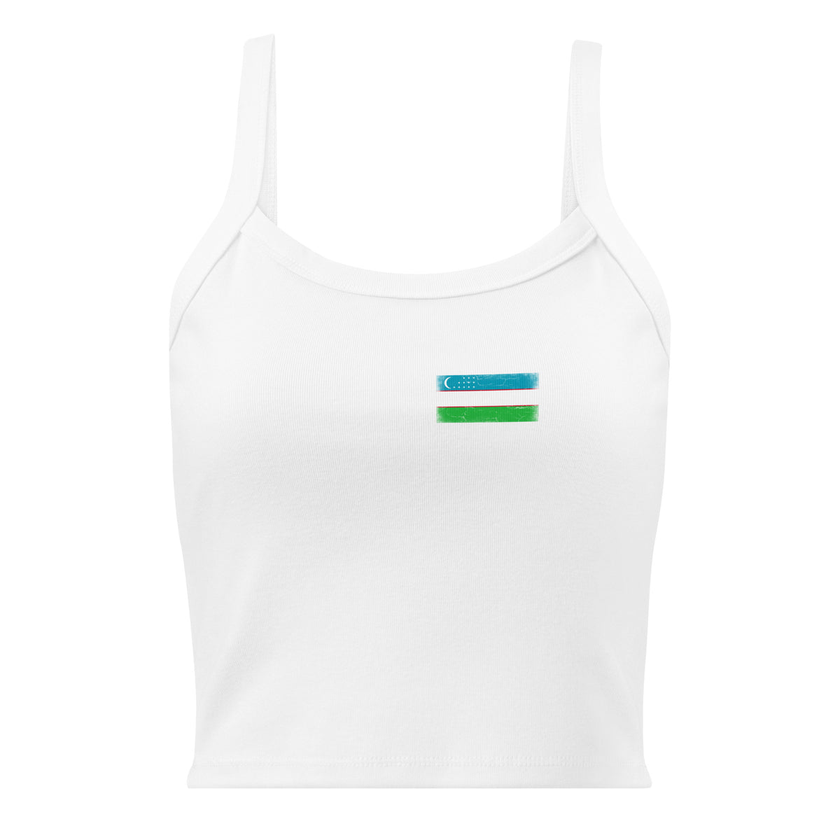 Uzbekistan flag rib tank top in Solid White Blend, vintage-washed print, small flag on the left chest, women cut, front view