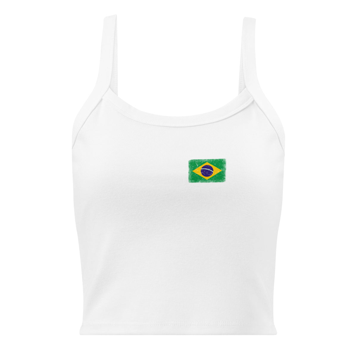 Brasil flag rib tank top in Solid White Blend, vintage-washed print, small flag on the left chest, women cut, front view