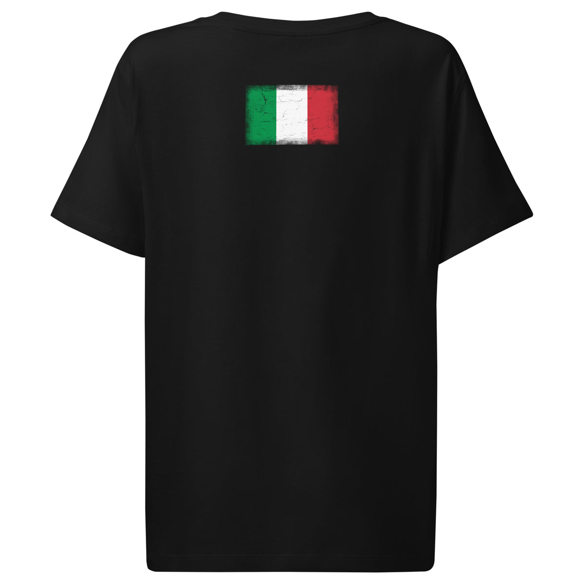 Italy flag t-shirt in Black, vintage-washed print, flag across the upper back, women cut, back view