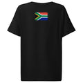 South Africa flag t-shirt in Black, vintage-washed print, flag across the upper back, women cut, back view