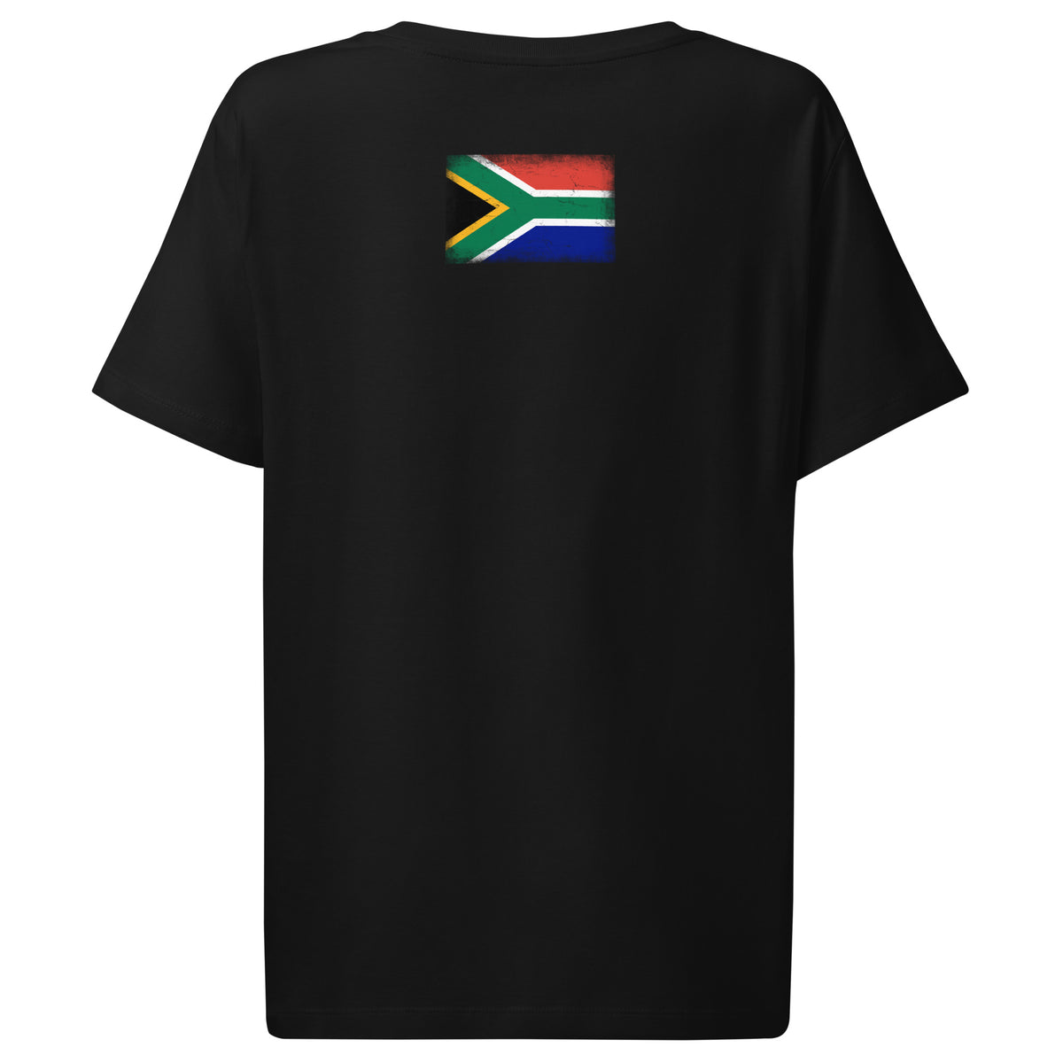 South Africa flag t-shirt in Black, vintage-washed print, flag across the upper back, women cut, back view