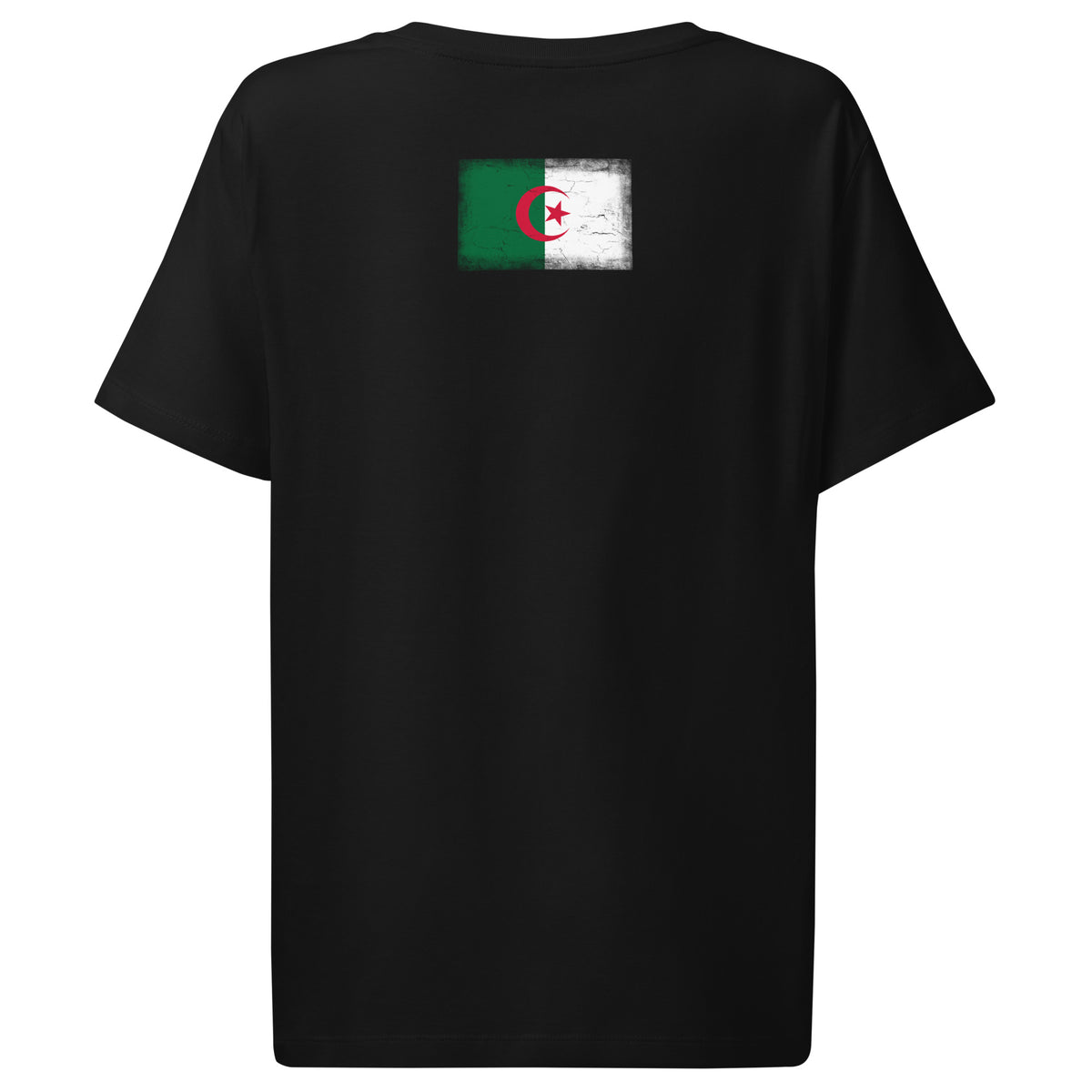 Algeria flag t-shirt in Black, vintage-washed print, flag across the upper back, women cut, back view
