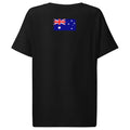 Australia flag t-shirt in Black, vintage-washed print, flag across the upper back, women cut, back view
