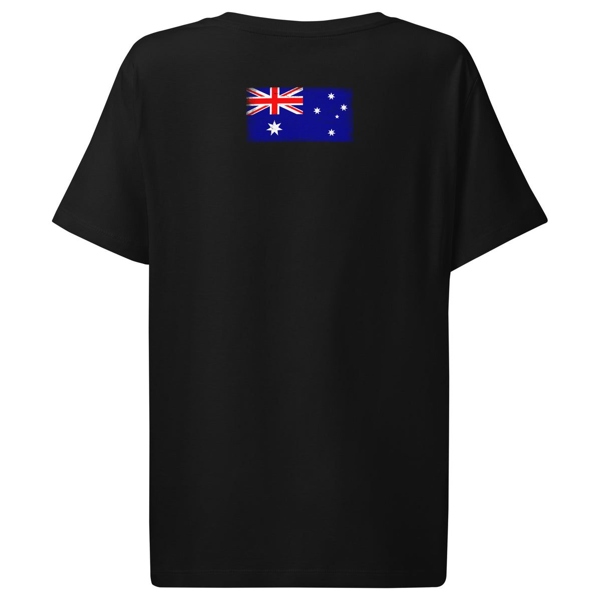 Australia flag t-shirt in Black, vintage-washed print, flag across the upper back, women cut, back view