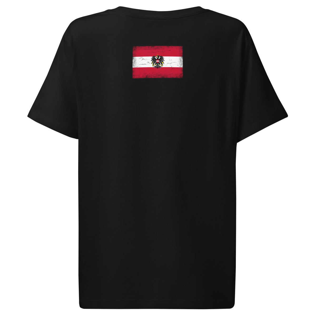 Austria flag t-shirt in Black, vintage-washed print, flag across the upper back, women cut, back view