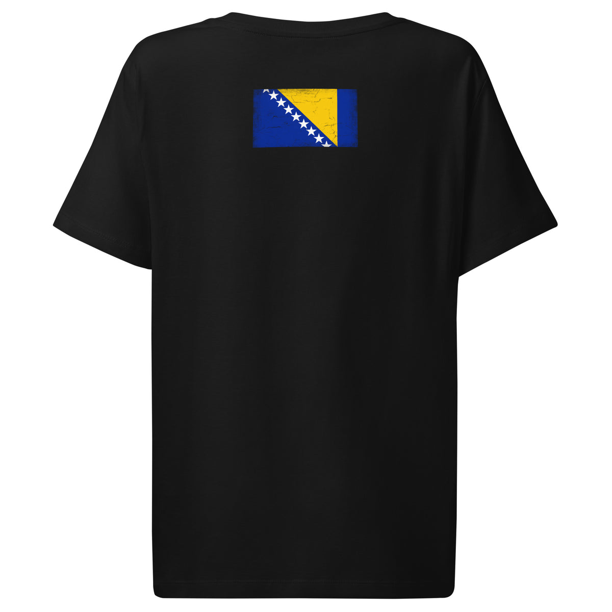 Bosnia and Herzegovina flag t-shirt in Black, vintage-washed print, flag across the upper back, women cut, back view