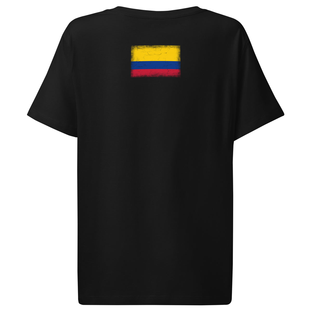 Colombia flag t-shirt in Black, vintage-washed print, flag across the upper back, women cut, back view