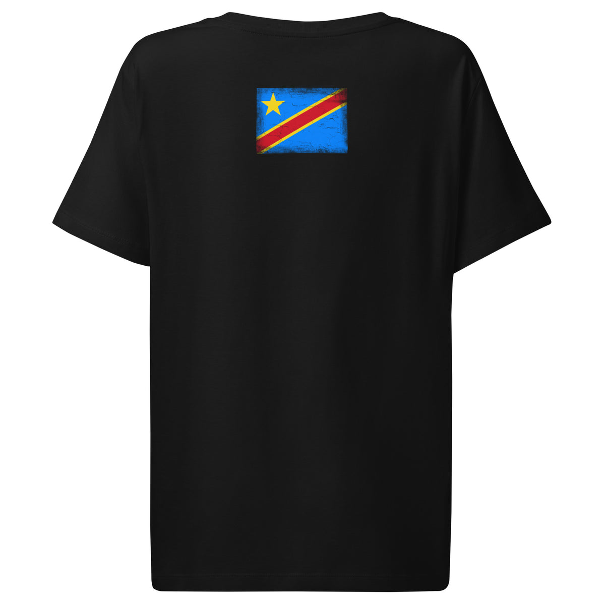 Congo flag t-shirt in Black, vintage-washed print, flag across the upper back, women cut, back view