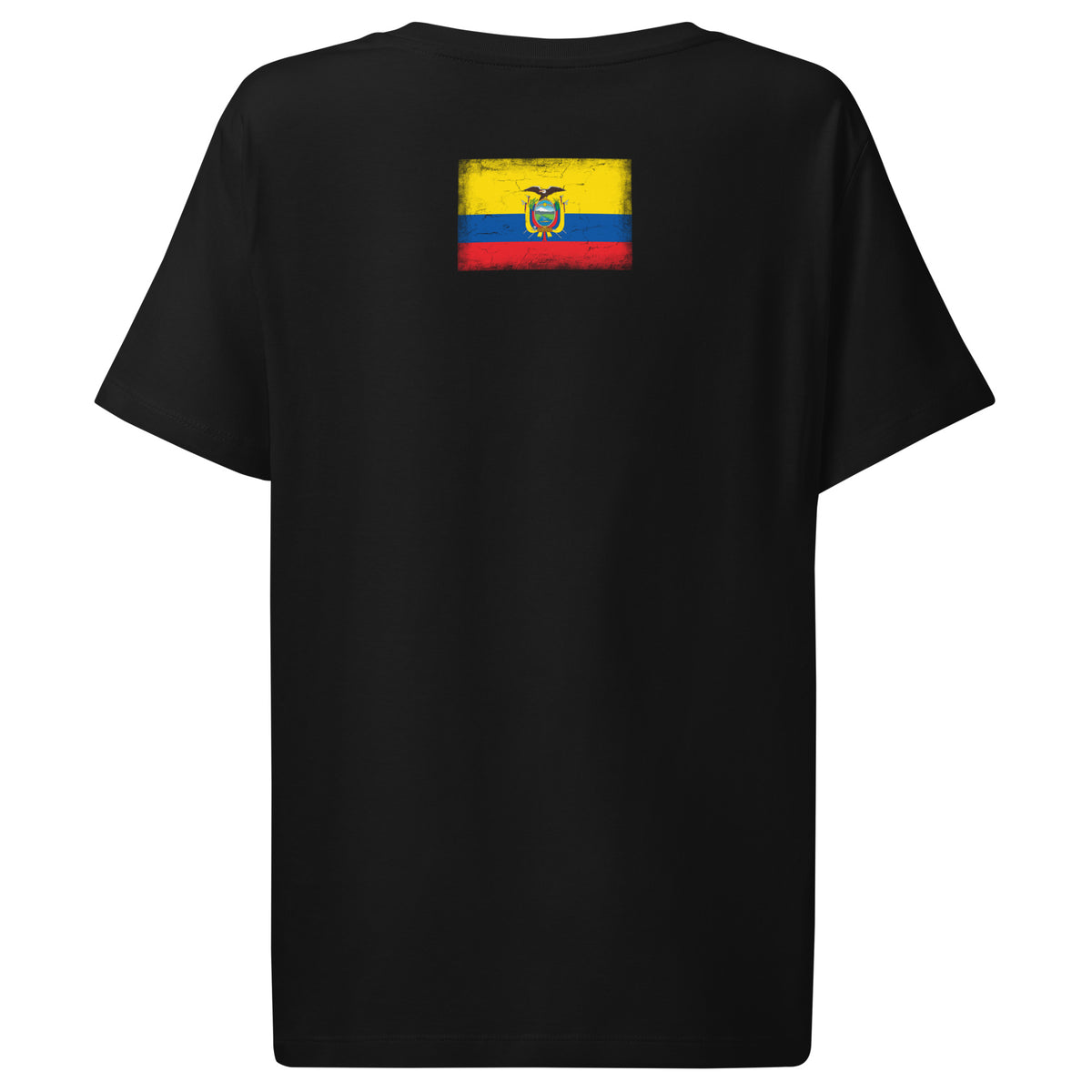 Ecuador flag t-shirt in Black, vintage-washed print, flag across the upper back, women cut, back view