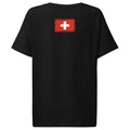 Switzerland flag t-shirt in Black, vintage-washed print, flag across the upper back, women cut, back view