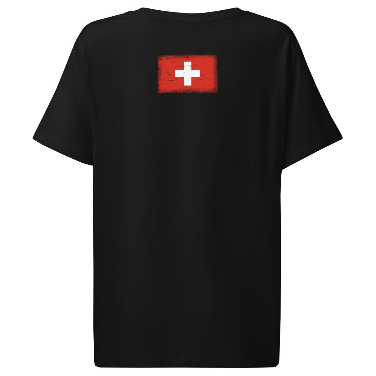 Switzerland flag t-shirt in Black, vintage-washed print, flag across the upper back, women cut, back view