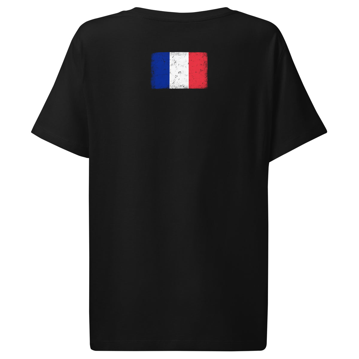France flag t-shirt in Black, vintage-washed print, flag across the upper back, women cut, back view