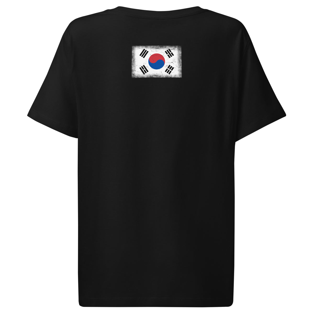 South Korea flag t-shirt in Black, vintage-washed print, flag across the upper back, women cut, back view
