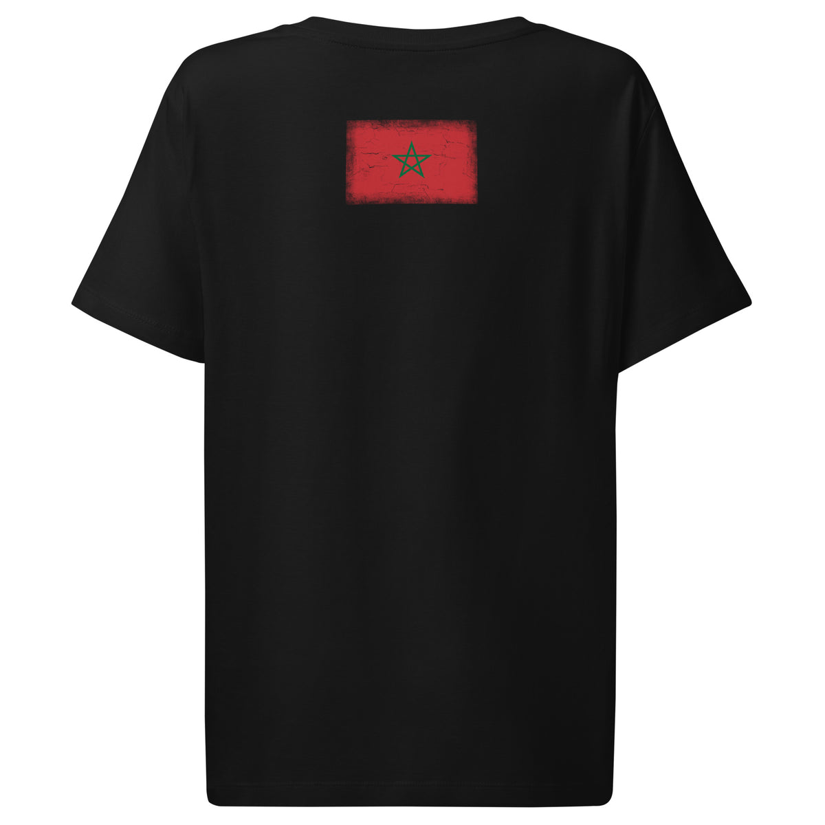 Morocco flag t-shirt in Black, vintage-washed print, flag across the upper back, women cut, back view