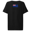 New Zealand flag t-shirt in Black, vintage-washed print, flag across the upper back, women cut, back view