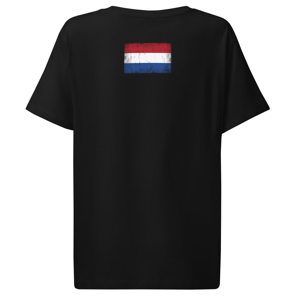 Netherlands flag t-shirt in Black, vintage-washed print, flag across the upper back, women cut, back view