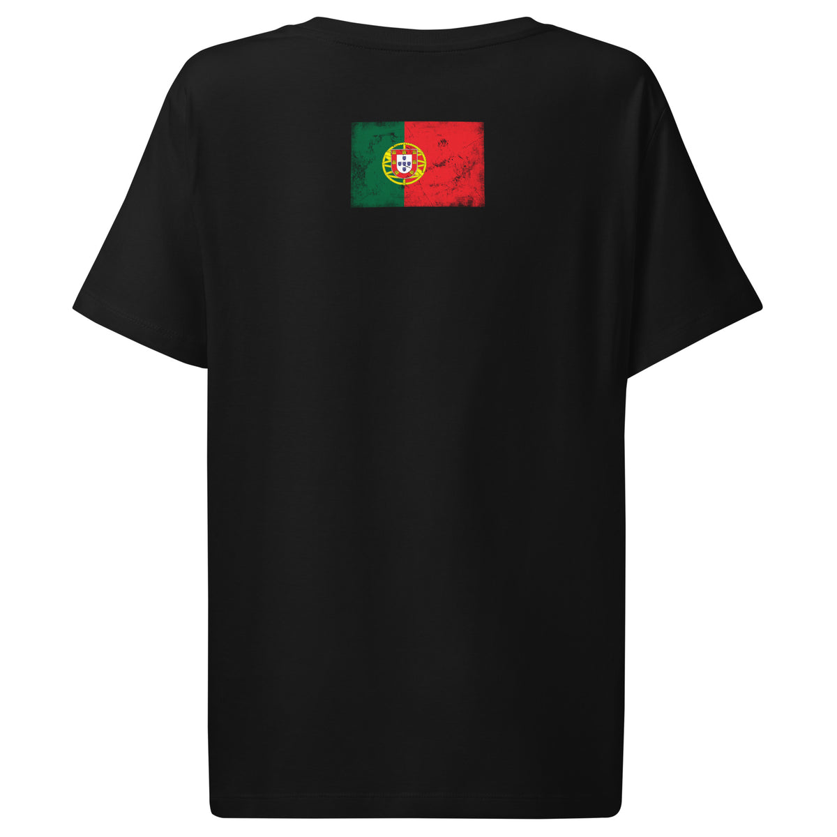 Portugal flag t-shirt in Black, vintage-washed print, flag across the upper back, women cut, back view