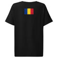 Romania flag t-shirt in Black, vintage-washed print, flag across the upper back, women cut, back view