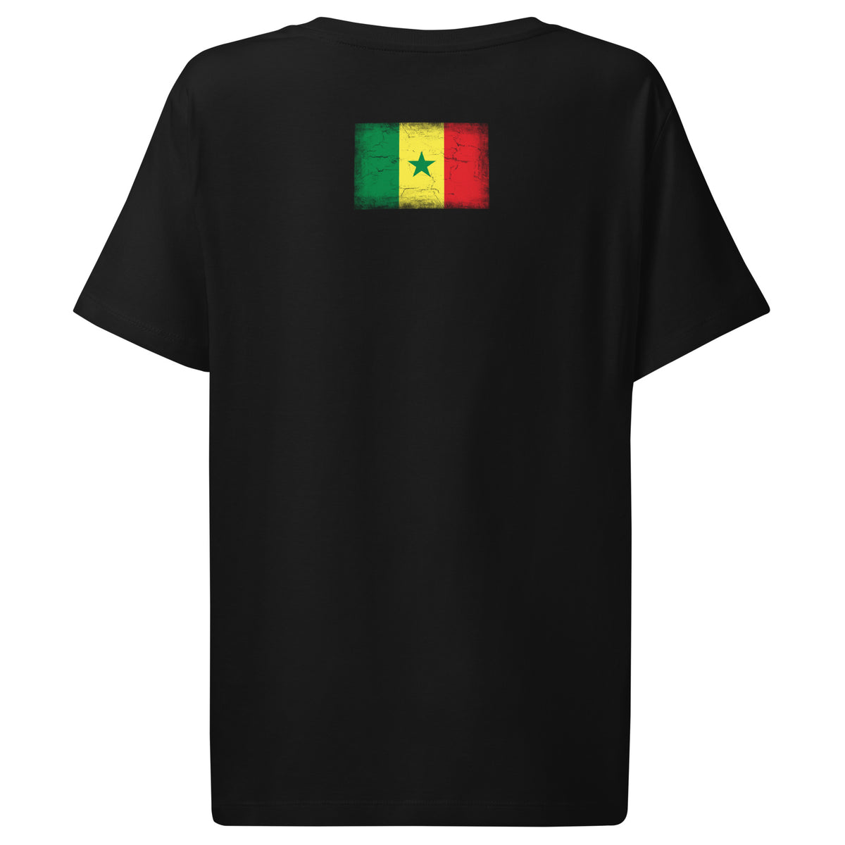 Senegal flag t-shirt in Black, vintage-washed print, flag across the upper back, women cut, back view
