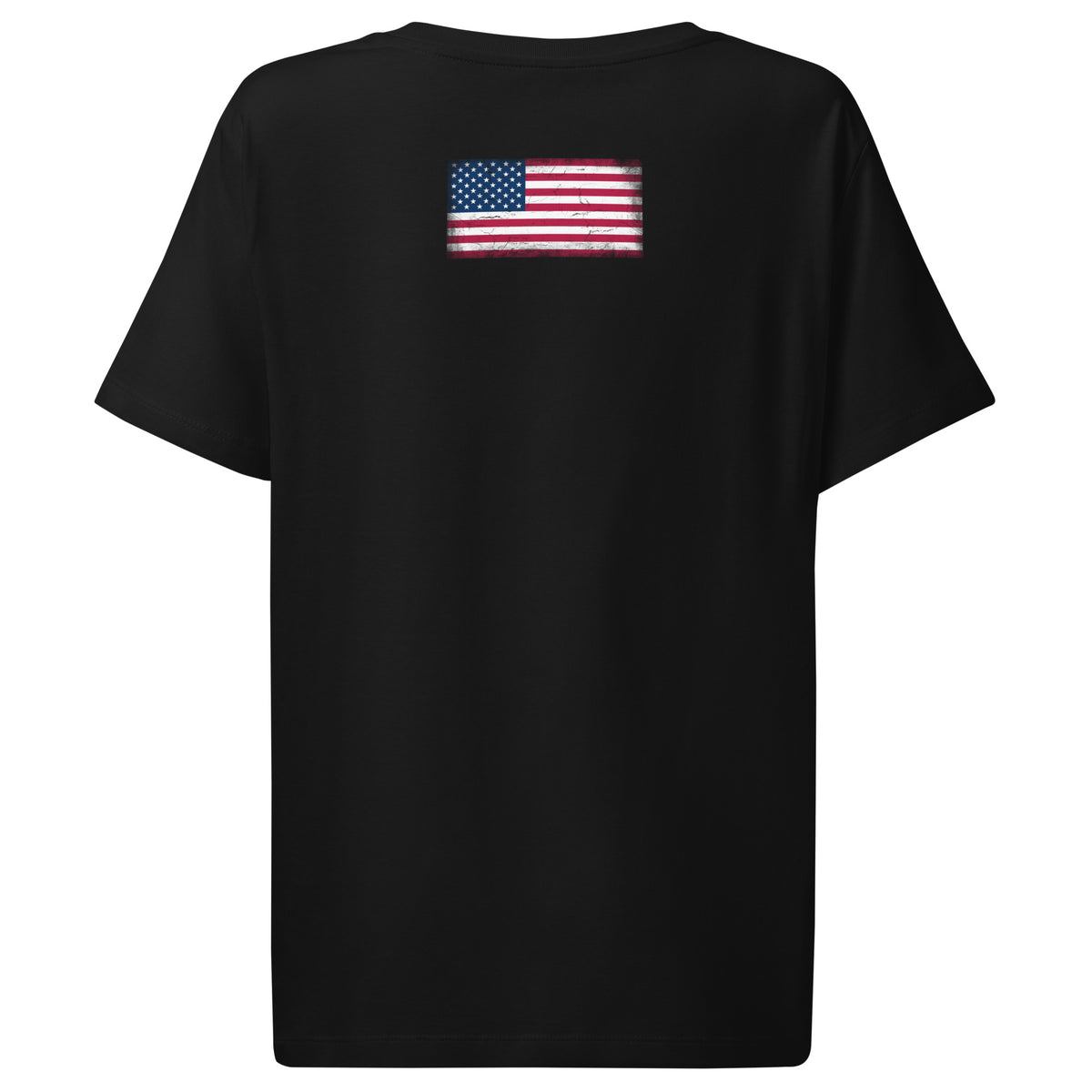 USA flag t-shirt in Black, vintage-washed print, flag across the upper back, women cut, back view