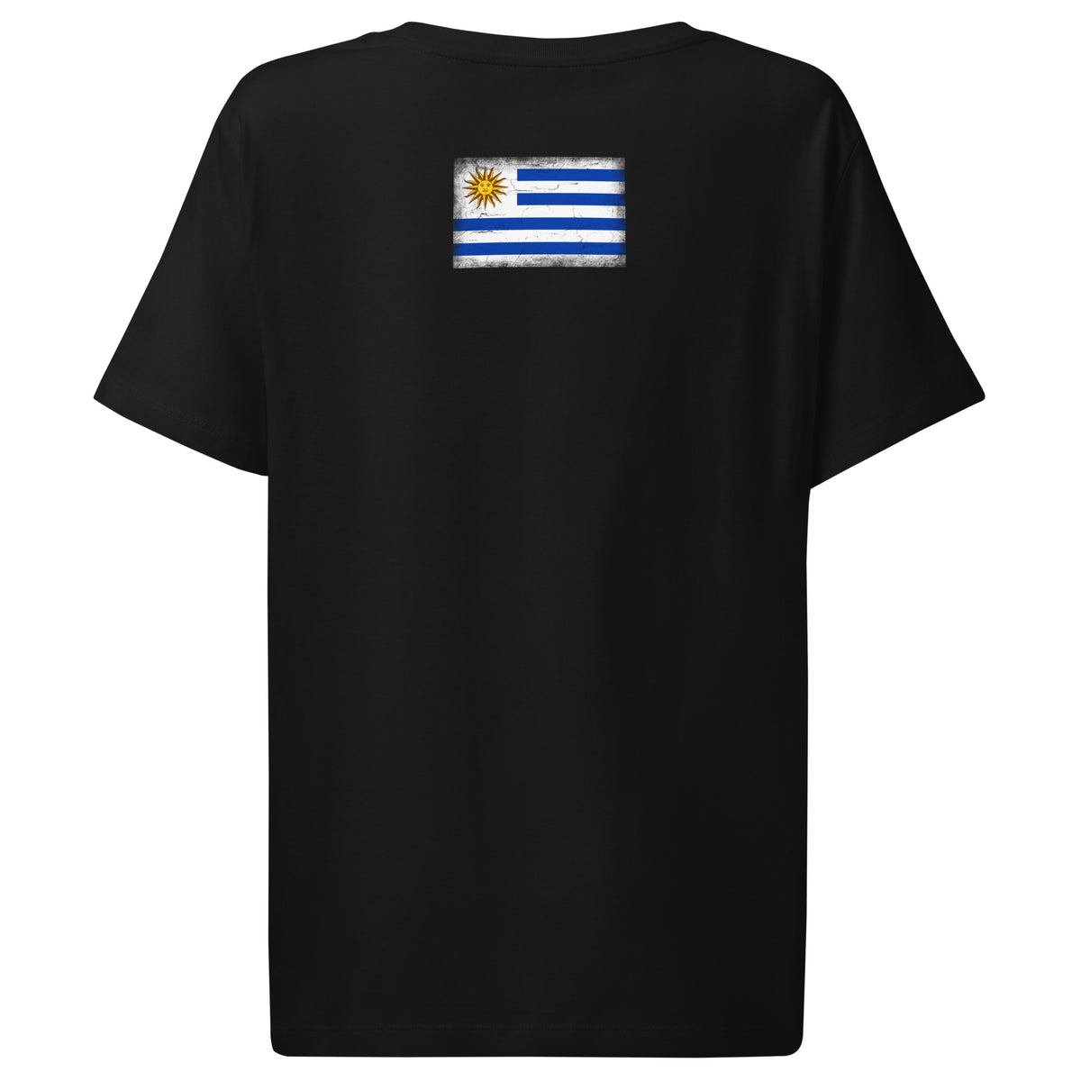 Uruguay flag t-shirt in Black, vintage-washed print, flag across the upper back, women cut, back view