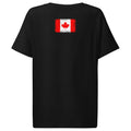 Canada flag t-shirt in Black, vintage-washed print, flag across the upper back, women cut, back view